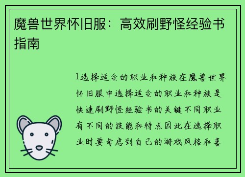 魔兽世界怀旧服：高效刷野怪经验书指南